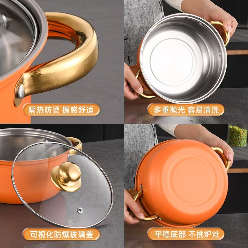 Cross-border 12-piece cookware set: Stainless steel milk pot, soup pot, frying pot combination, Gold-plated handle pot Cookware set details Picture