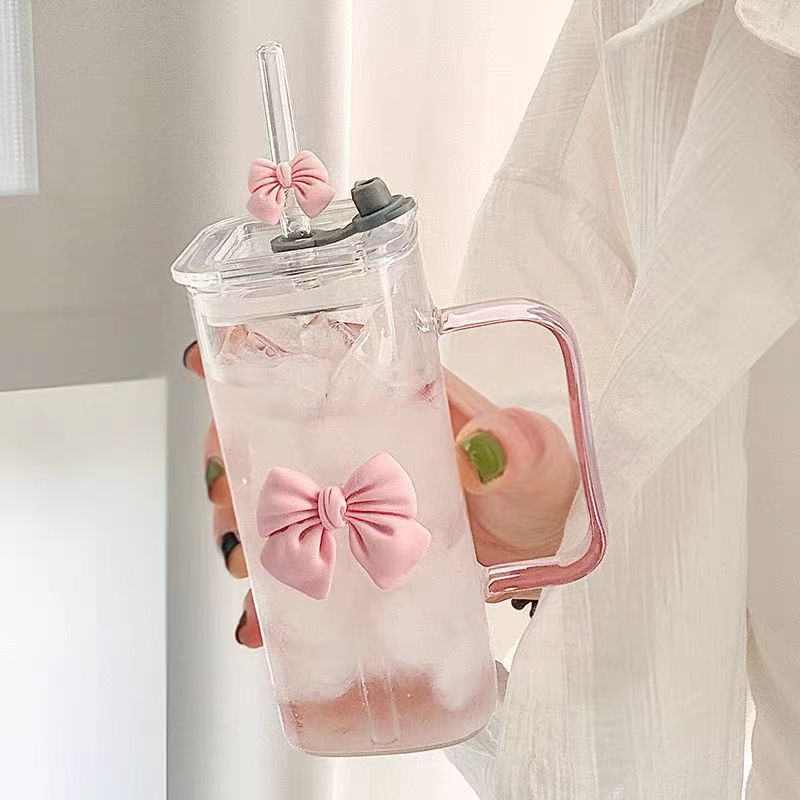 Ins-style square bow glass cup with handle, high appearance level, high-temperature resistant, cute fairy pink straw water cup details Picture