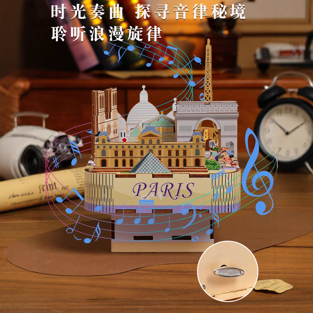 Cross-border exclusive Romantic Parisian wooden music box 3D stereoscopic puzzle diy handcrafted educational assembly model toy Specification image