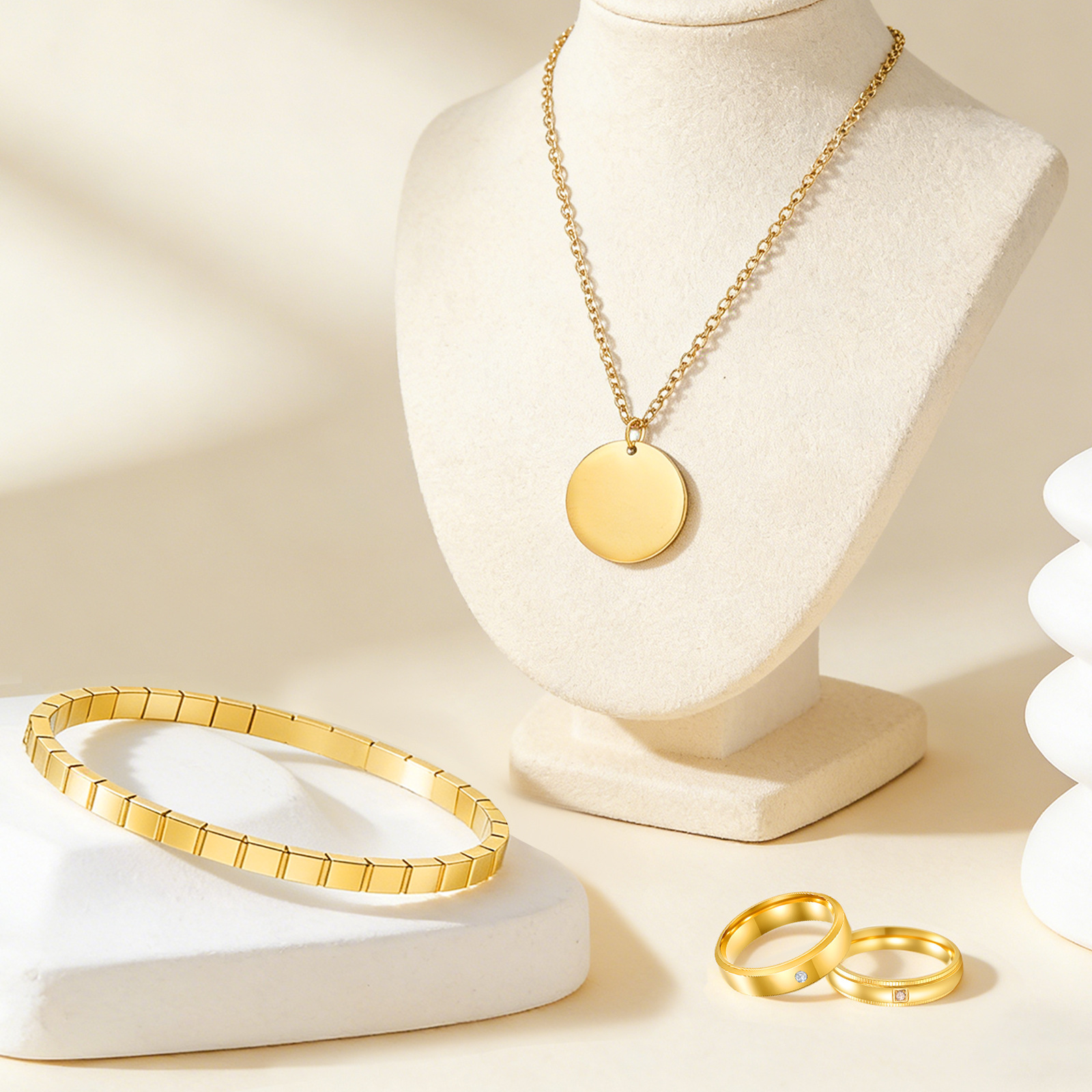 Three fashionable stainless steel rings, bracelets and necklaces with diamond-encrusted designs for cross-border European and American women details Picture