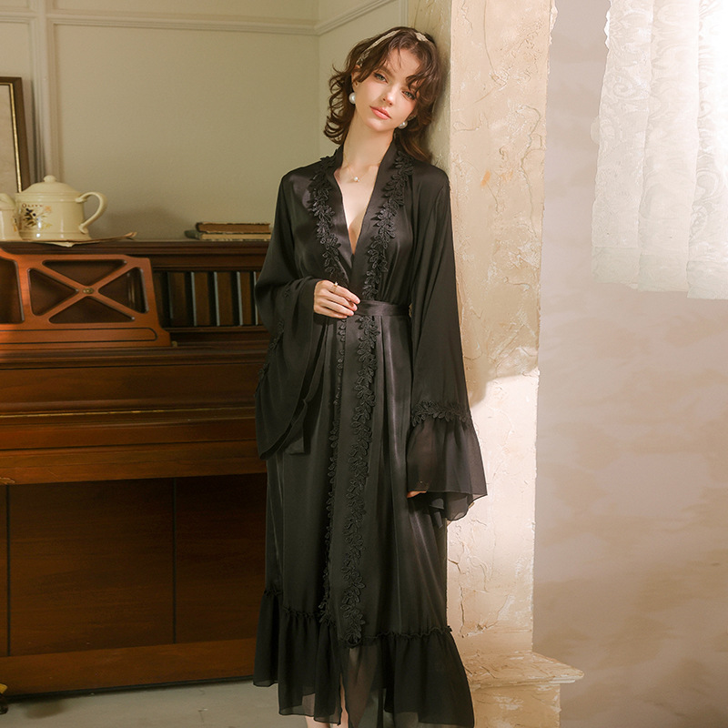 Satin water-soluble floral decorated light luxury women's bathrobe for spring and summer, French elegant style, black and white home wear, 960 details Picture