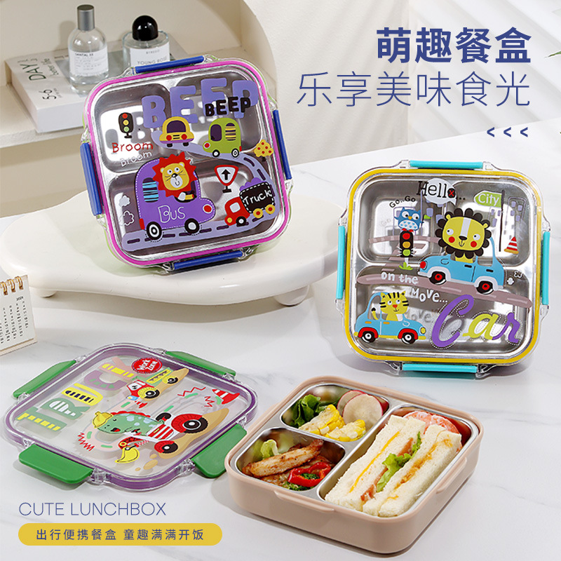 Caja de almuerzo de dibujos animados de grado alimenticio para niños de acero inoxidable para niños de escuela primaria para hombres y mujeres caja de almuerzo portátil con comida aislada caja de comida sellada