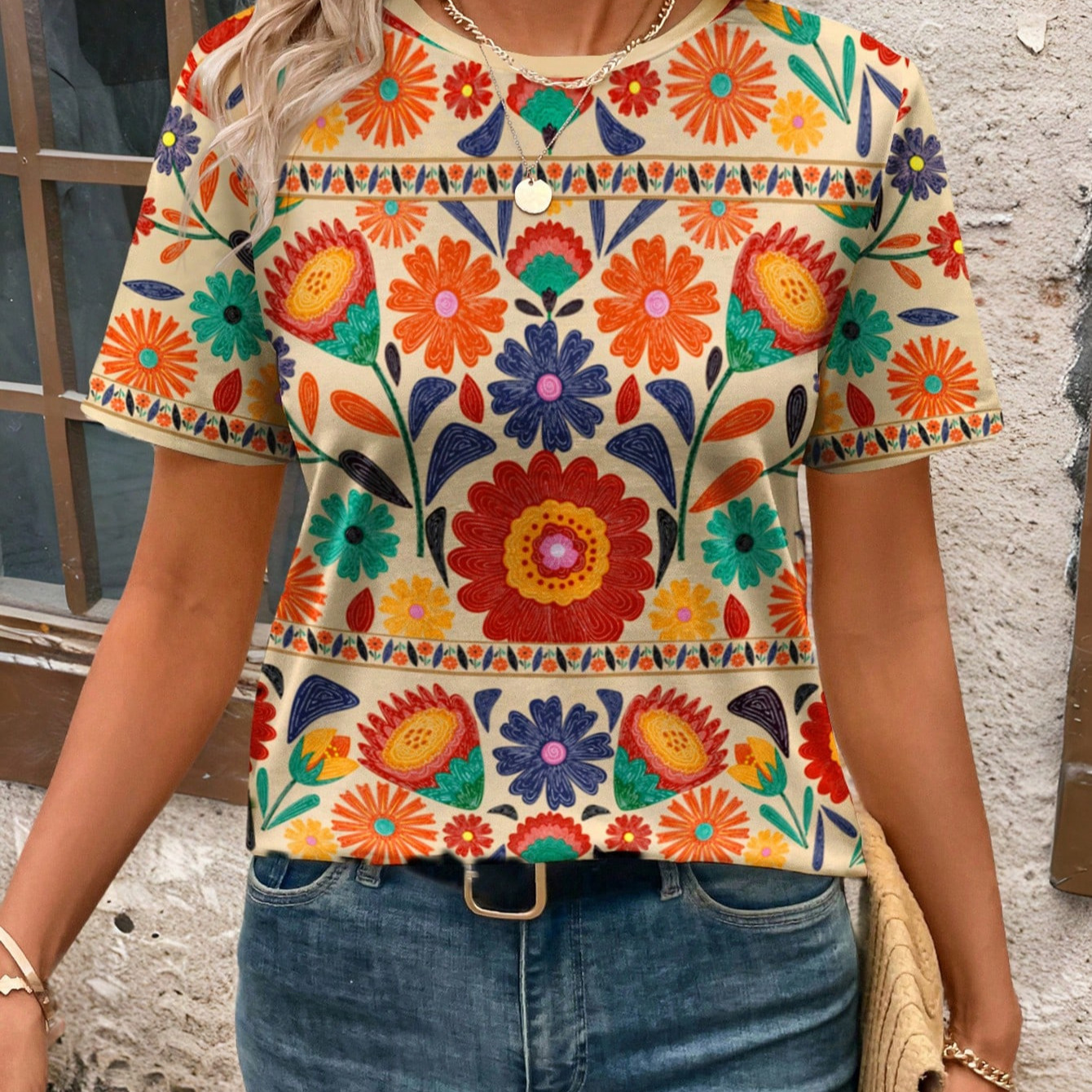 Cartoon flower Amazon Summer New colorful and fashionable printed short-sleeved round-neck T-shirt for women Specification drawing