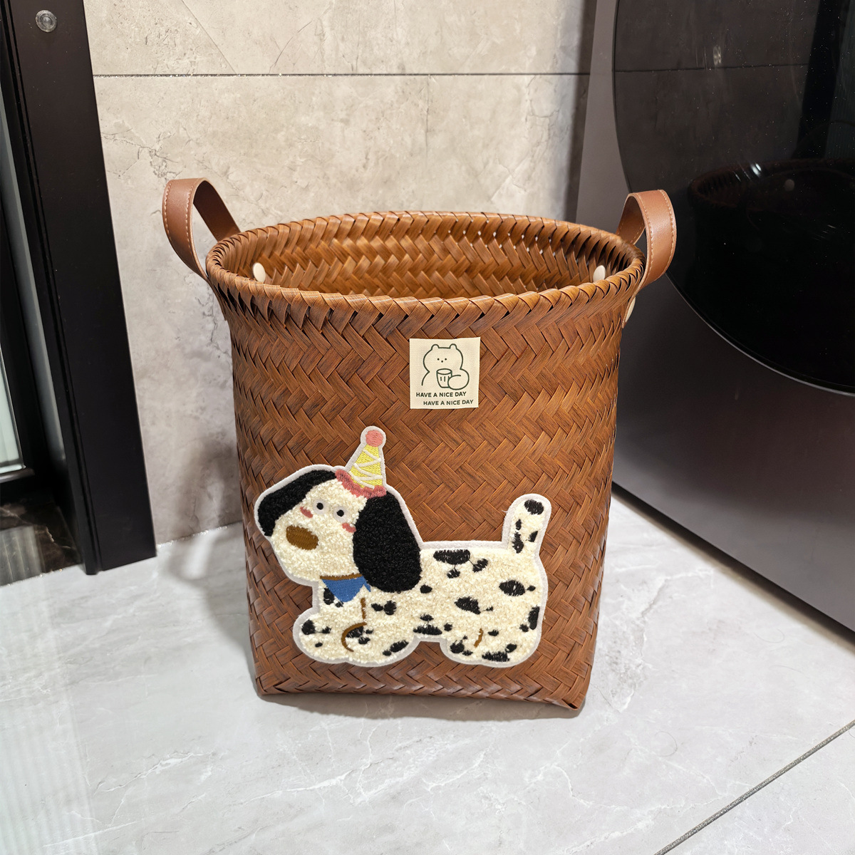 American-style high-end storage basket, dirty clothes basket, popular imitation rattan woven PU handle laundry bucket, snack and toy dirty clothes basket Specification image