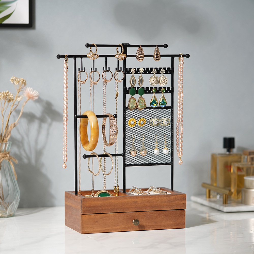 饰品架铁艺实木组合双层多功能收纳展示架亚马逊热销跨境首饰架