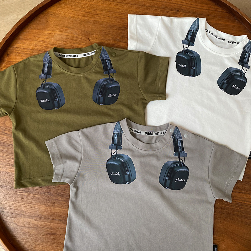 Summer children's T-shirt, new baby print headphones, round-neck thin short-sleeved top, Korean-style baby clothes trend details Picture