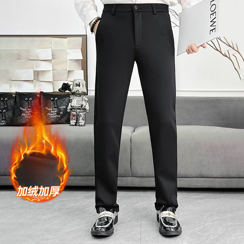 Winter men's trousers with high elasticity and fleece, middle-aged drape, business dad high-waisted long pants, casual and versatile