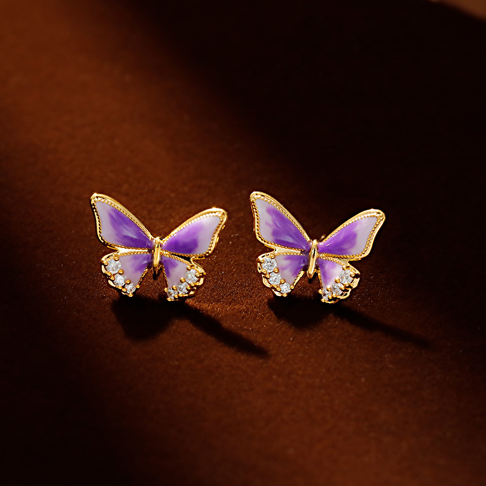 Hyacinth original design enamel drop glaze taro purple butterfly stud earrings ins Small, elegant, sweet and light luxury commuter earrings for women Specification image