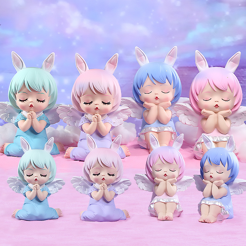 可爱兔子天使八色发AI玩具闭眼祈祷连衣裙白色翅膀粉色背景星星人