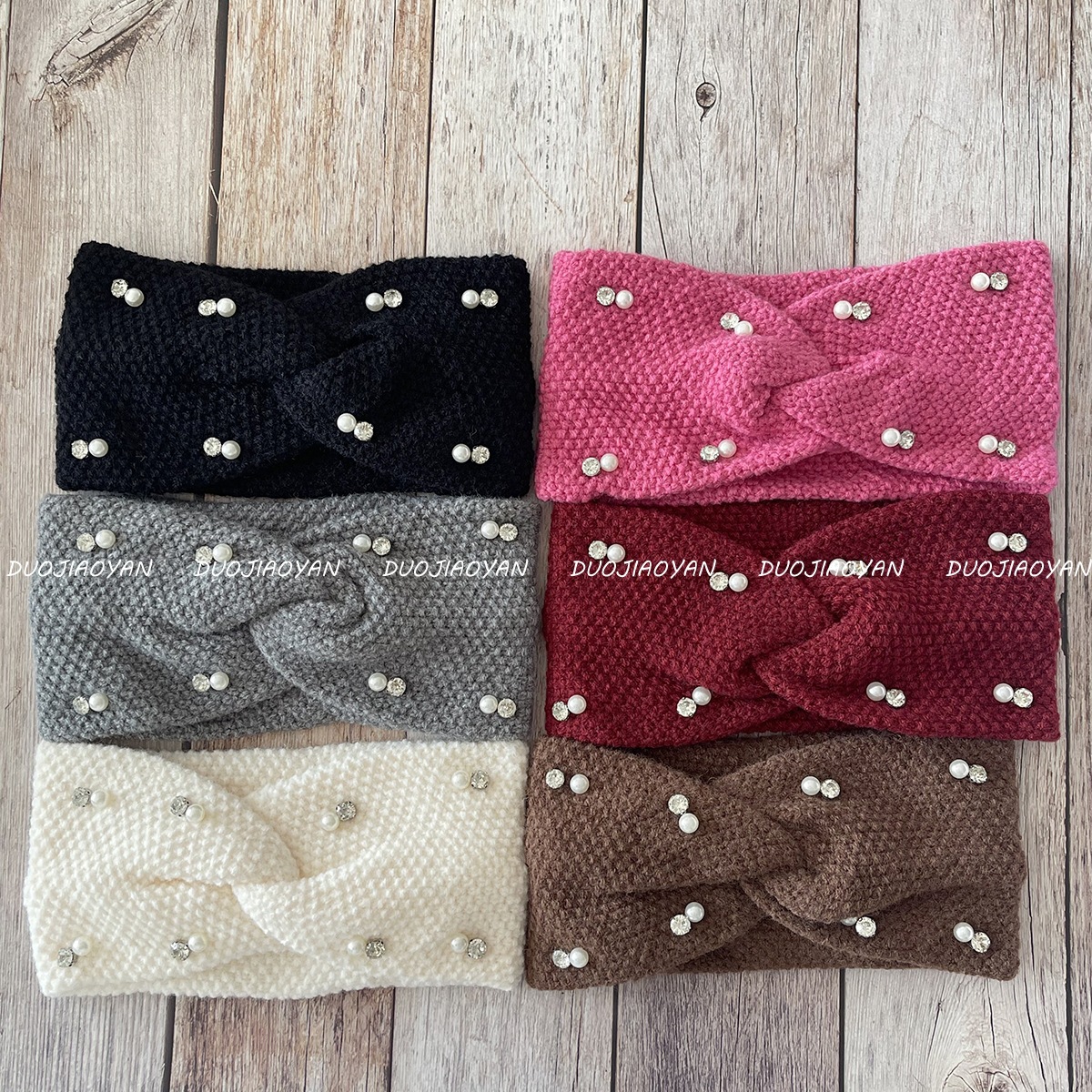 New cross-border wool beaded headband, solid color retro pearl simple headwear, wide edge elastic knitted warm headband Specification drawing