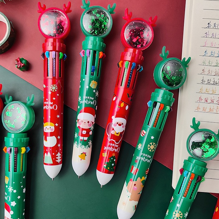 New Christmas card glitter Christmas reindeer snowman multi-color pen Creative planner pen 10-color press Ballpoint pen Application Scenario