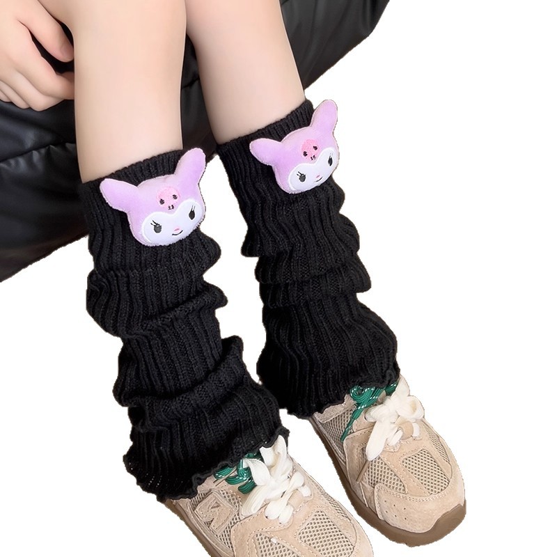 Cute big-eared dog leg covers, black cartoon 3D figurines, knitted pile sock covers, mid-calf socks for women, spring, autumn and winter Item Picture