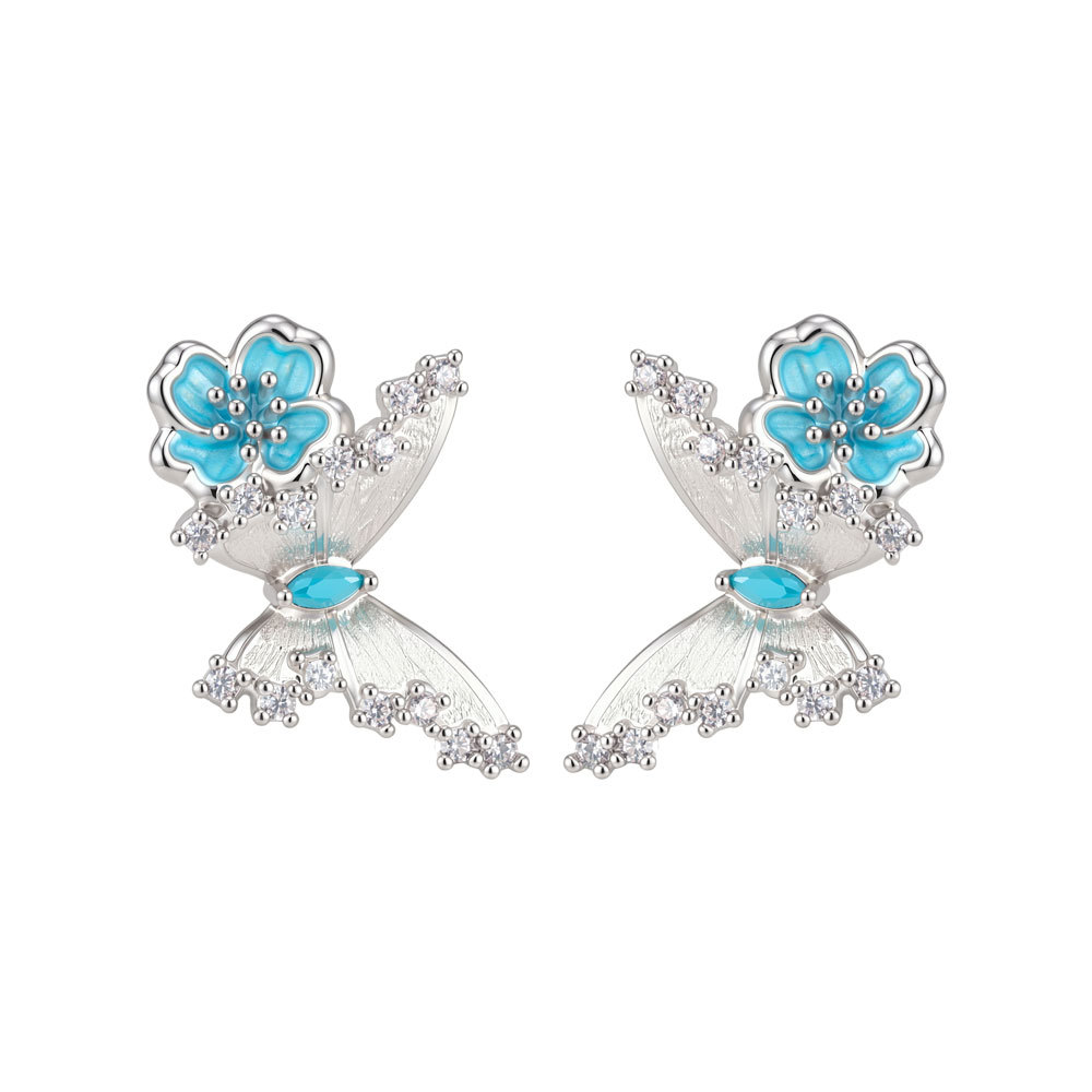 Spring and summer new ice blue enamel crabapple flower butterfly stud earrings, copper alloy brushed zirconium-inlaid s925 silver needle light luxury earrings Item Picture