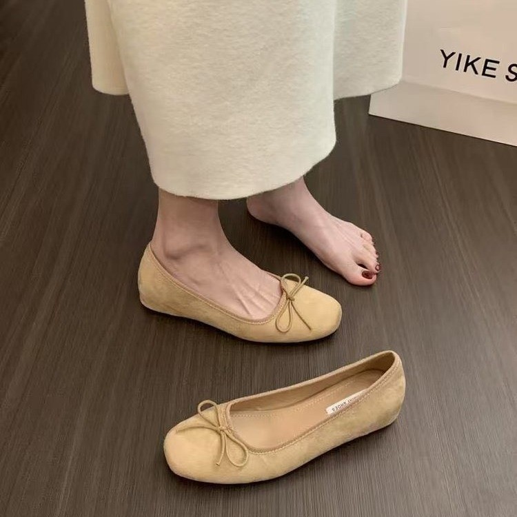 French insole height-increasing shoes, suede ballet single shoes for women, 2025 new spring and autumn style, bow red evening shoes Specification image