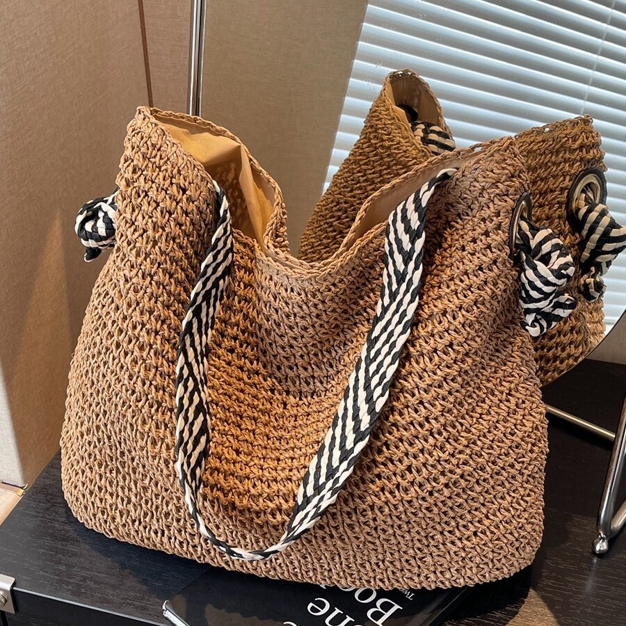 Cross-Border Straw Weaving Bag, Large-Capacity Straw Weaving Bag, Women's Spring And Summer New Style Seaside Vacation Woven Beach Bag, Commuting Single-Shoulder Tote Bag, Handcrafted Straw Weaving Bag