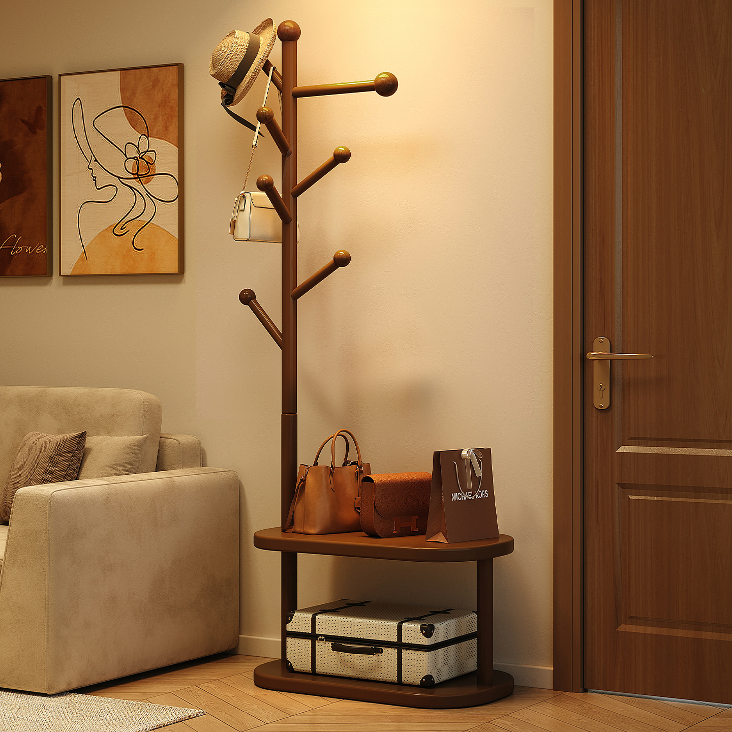 衣架落地卧室2025新款实木衣帽架立式家用双层椭圆盘收纳衣服挂包