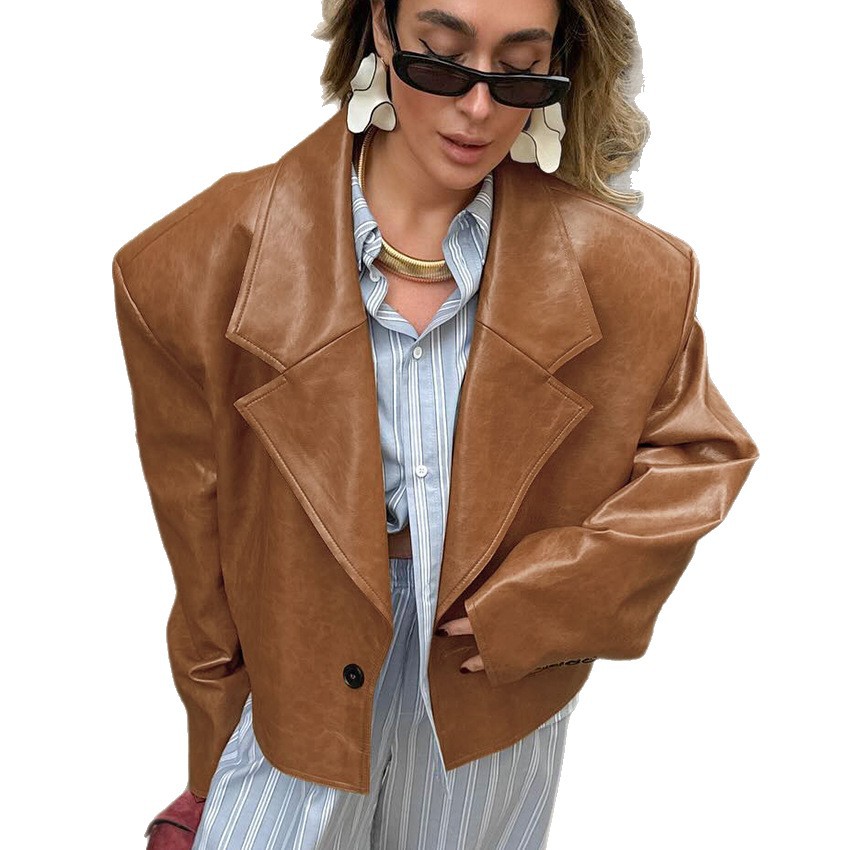 The 2025 autumn/winter new suit collar PU leather jacket is a stylish and elegant design for women, suitable for cross-border commuting to Europe and America Item Picture