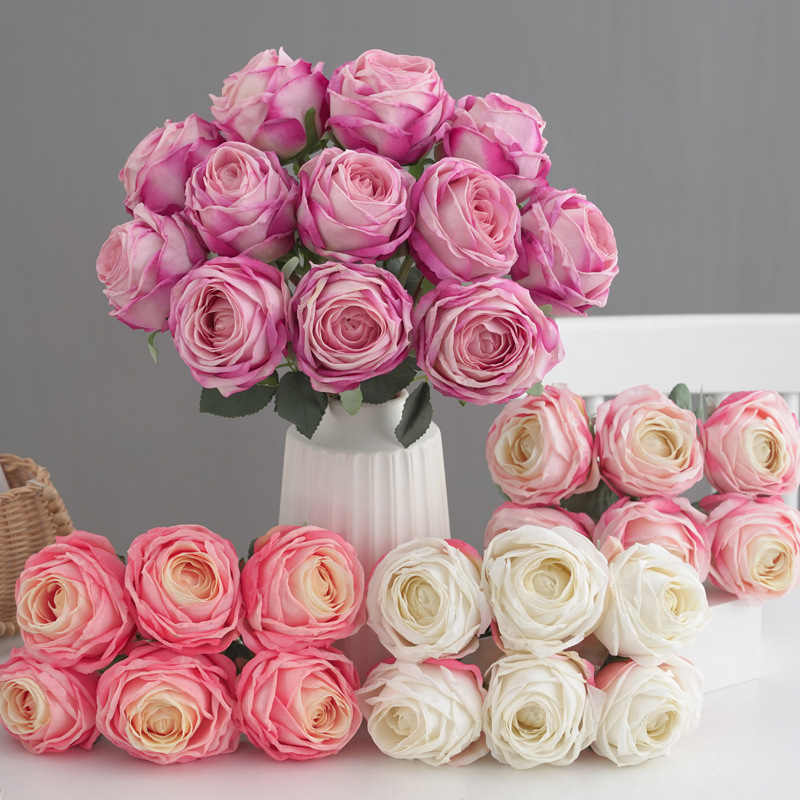 6头焦边荷兰玫 仿真花假花家居装饰婚庆新娘手捧花束摄影道具