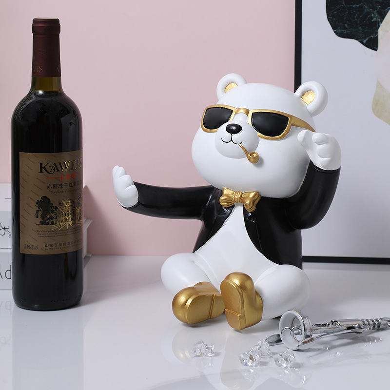 现代轻奢家居装饰品绅士小熊红酒架玄关客厅工艺品摆件细节图