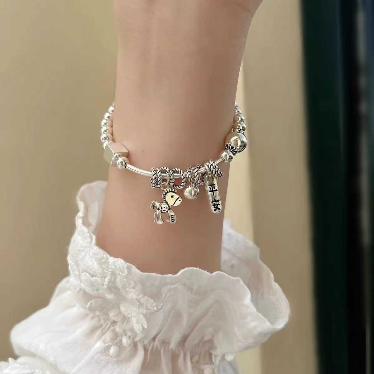 Retro, instant money silver bracelet S925 sterling silver women's cylindrical elastic handmade single-loop peace bracelet birthday gift