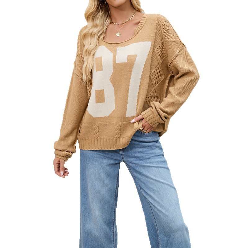 The 2025 new autumn and winter cross-border European and American women's clothing digital color-blocking knitted pullover loose long-sleeved sweater is a bestseller in foreign trade Item Picture