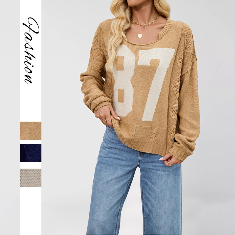 The 2025 new autumn and winter cross-border European and American women's clothing digital color-blocking knitted pullover loose long-sleeved sweater is a bestseller in foreign trade