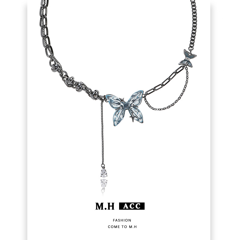 【 Customization 】 Ice Blue Butterfly Necklace for women, original design, cold and stylish neckchain, sweet and cool, high-end collarbone chain