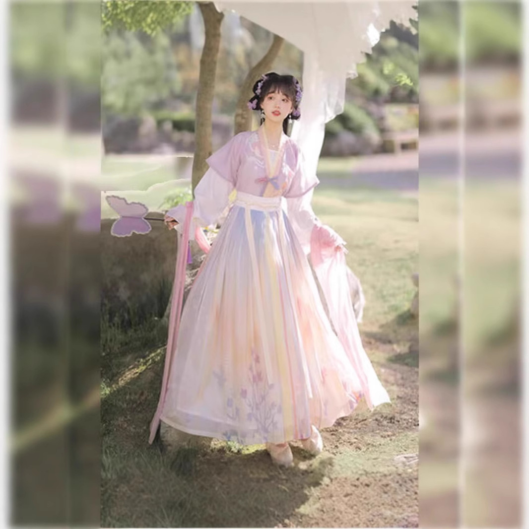 Chinese trend Hanfu women Tang 褙子 round-neck short shirt pleated skirt original waist-length Chinese style daily adult ancient costume spring and autumn complete set