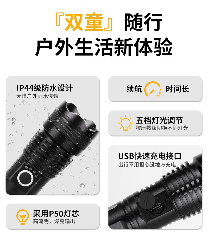 The new cross-border P50 high-intensity outdoor charging portable flashlight is a multi-functional aluminum alloy ultra-bright long-range flashlight Application Scenario