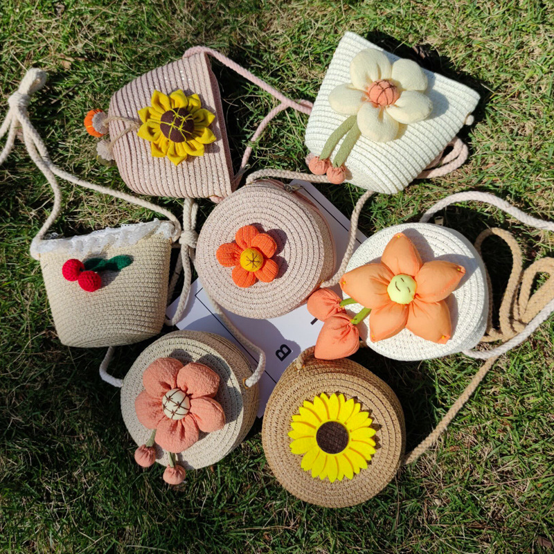 Cross-Border Straw Weaving Bags, Summer Hand-Woven Straw Weaving Small Bags Wholesale, Bare Bags, Children's Mini Cute Flower Children's Straw Bags, Crossbody Bags, Hand-Woven Straw Weaving Bags