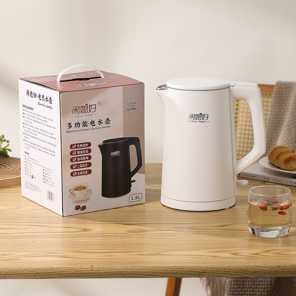 闲媳妇 1.8L烧水壶304不锈钢无缝内胆电热水壶自动断电煮水开水壶细节图