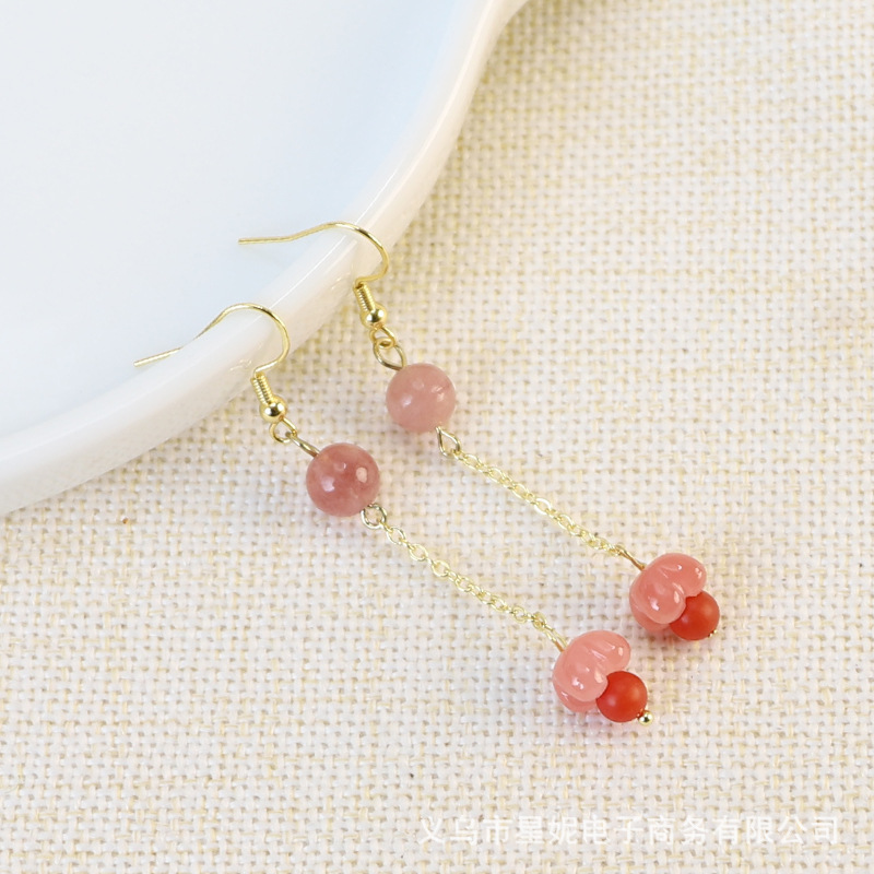 Pink bead earrings, rice beads, string beads, wooden beads, crystal loose beads, simple and fashionable earrings, women's gift details Picture