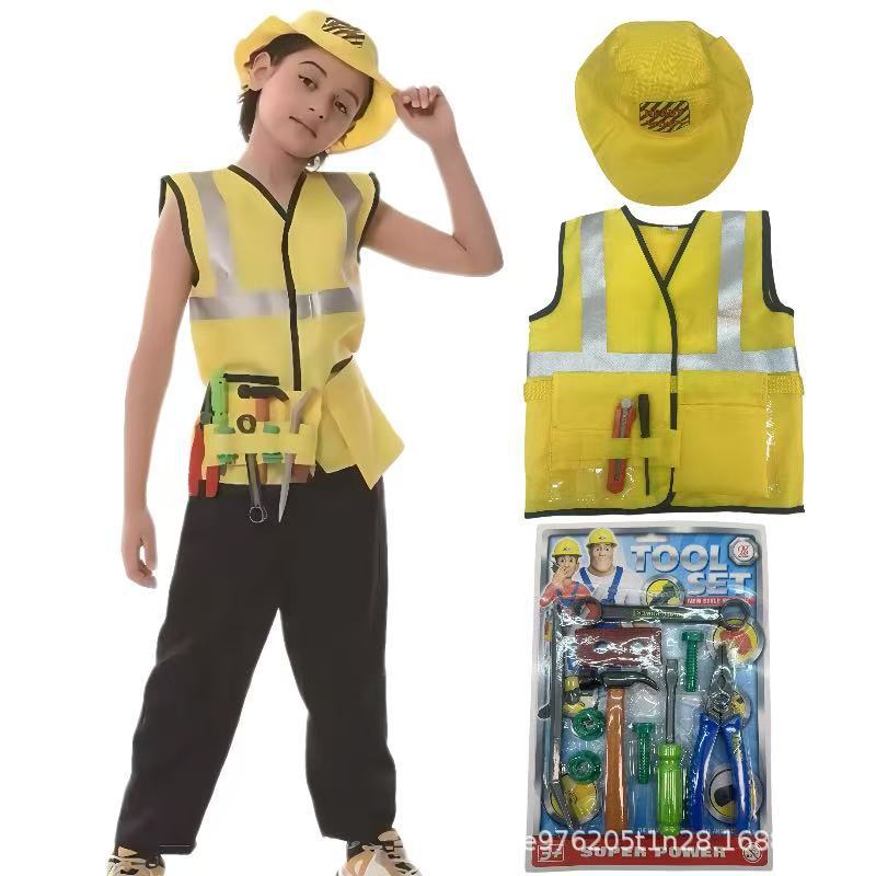 外贸热销儿童工程服建筑工人玩具派对角色扮演幼儿园表演服背心
