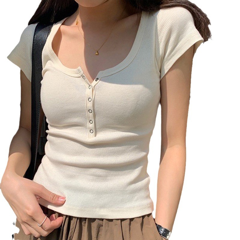 Threaded cotton button T-shirt for women, short-sleeved 2026 summer new style, square neck, versatile outerwear, slimming and form-fitting top base layer Item Picture