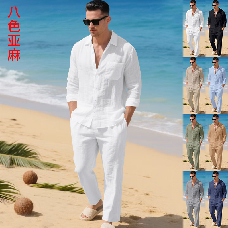 Cross-border European and American men's autumn loose and trendy linen solid color simple lapel long-sleeved shirt beach long pants set