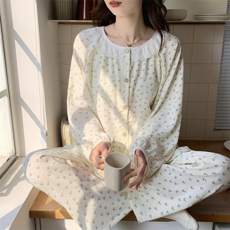 Korean style ins country-style pajamas for women, thin and sweet lace long-sleeved and long pants set for women, fresh floral home wear