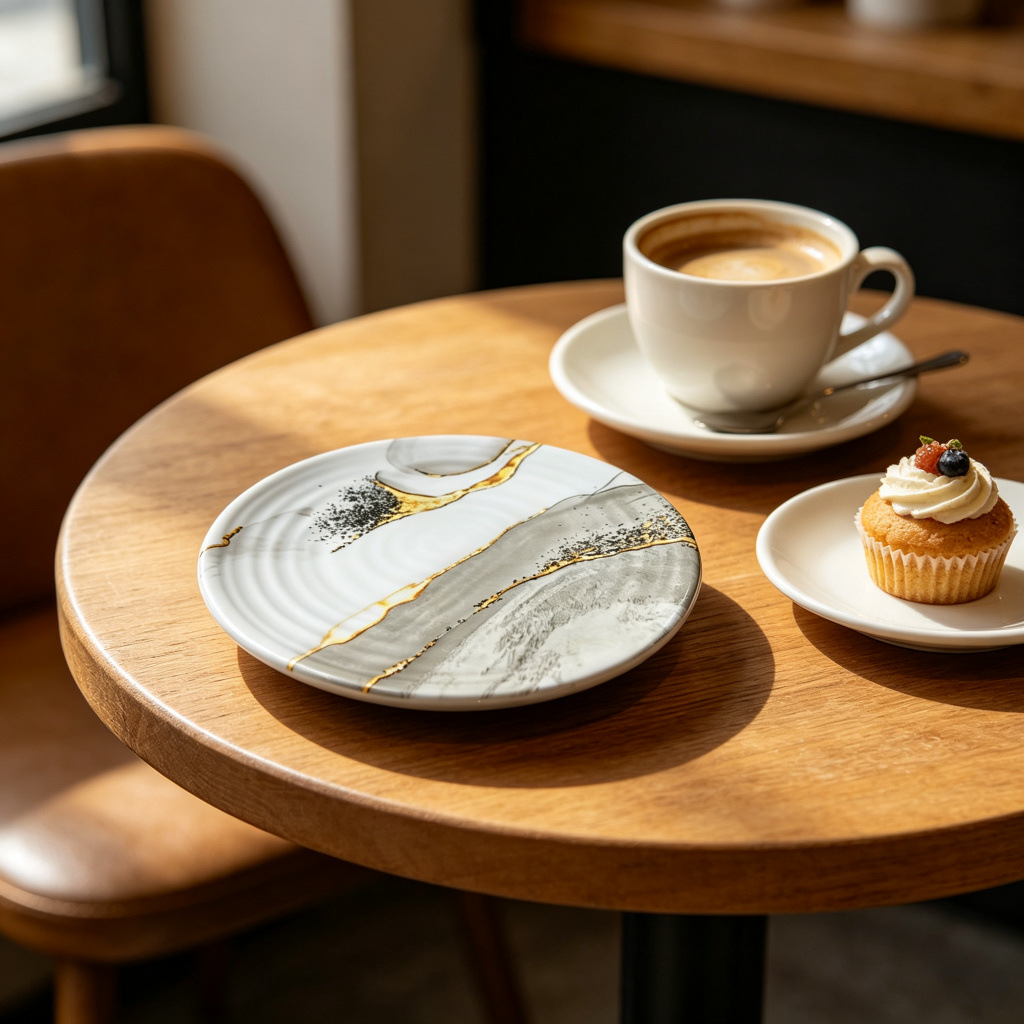 Direct sales from the foreign trade manufacturer of grayish-white marble-patterned dinner plates in commercial stock. Durable and wear-resistant round melamine products
