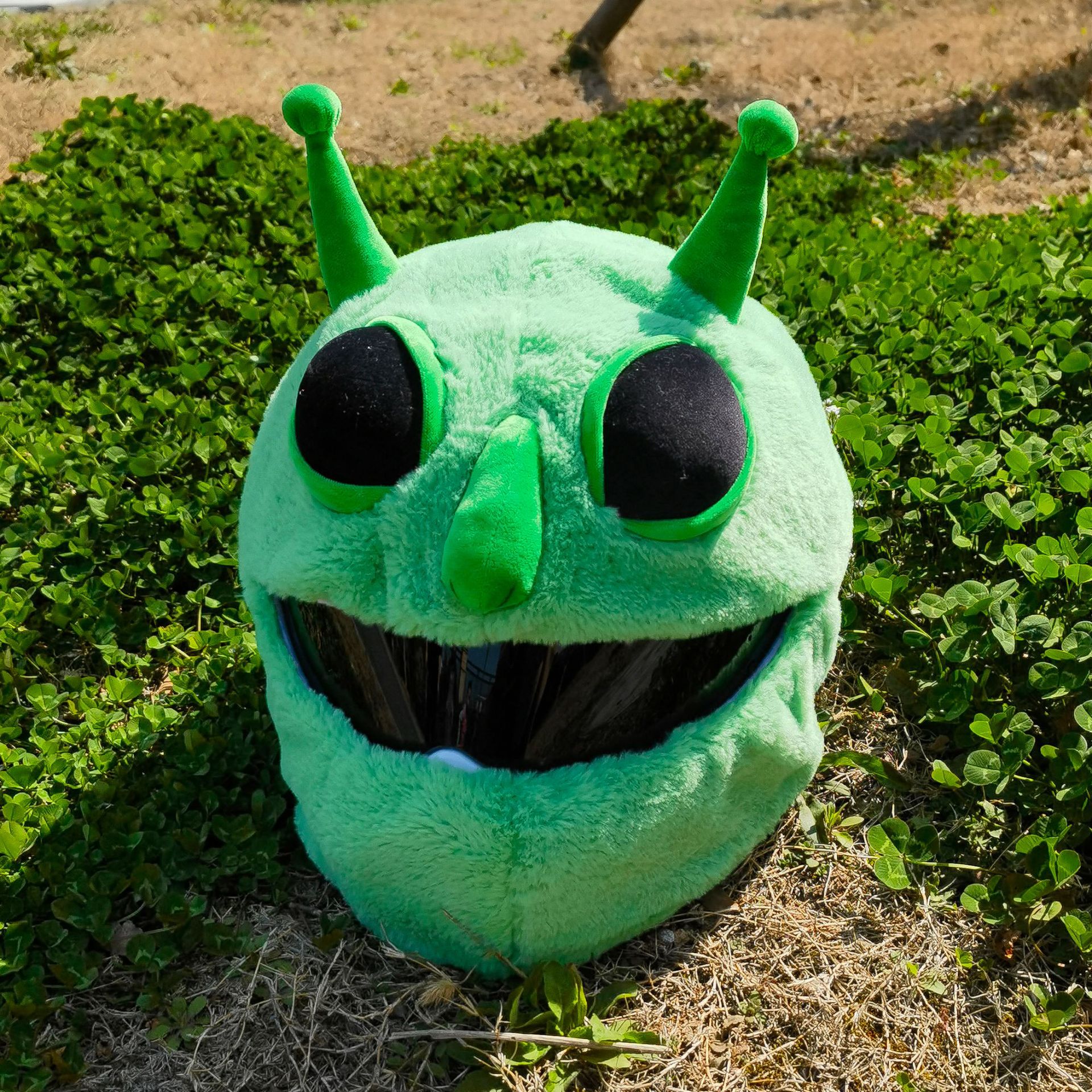 Motorcycle helmet decorative cover, rabbit fur cute green monster cartoon riding mask, motorcycle cover rabbit fur warm mask details Picture