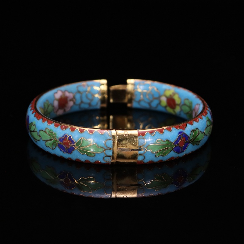 Beijing Cloisonne vintage collectibles, classical ethnic copper body cloisonne enamel jewelry 14# flat opening bracelet Specification image