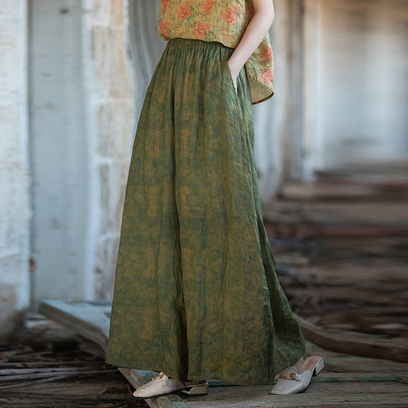Spring ramie vintage casual pants, cotton and linen women's wide-leg pants with drape, floor-length high-waisted slimming skirt pants wholesale