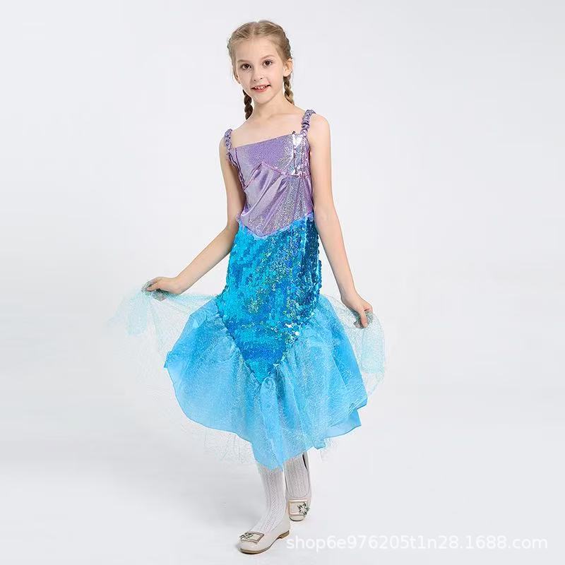 女童美人鱼服装尾巴儿童连衣裙新款亮片女孩公主裙万圣节演出服