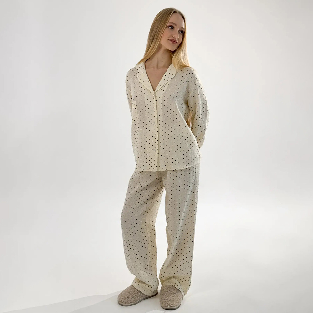 Cross-border pure cotton polka dot long pants pajamas set, European and American 2025 autumn new cardigan pajamas casual home wear for women details Picture