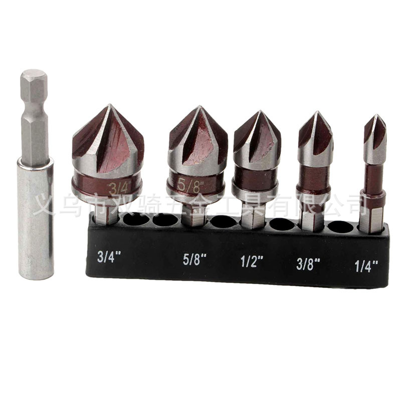 Cross-border factory 5-piece set of red 82° hexagonal handle five-edge chamfering tool chamfering knife 锪 drill screw countersunk head countersunk hole drill Specification image