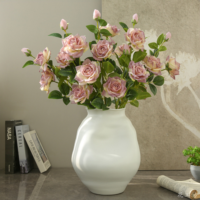 仿真复古三头焦边月季中式客厅软装装饰摆设复古餐桌假花插花摆件