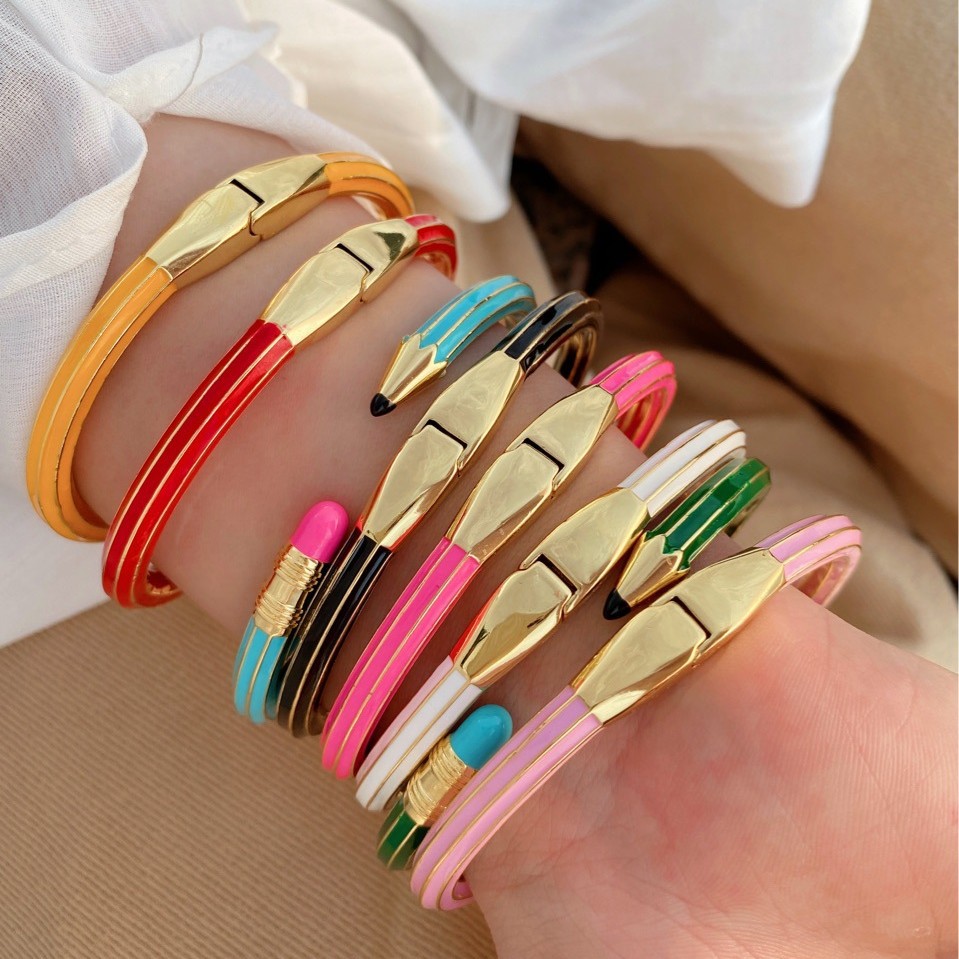 Cross-border new product pencil eraser bracelet, personalized and creative fashion style, enamel color open bracelet with a patchwork feel, for women Specification image