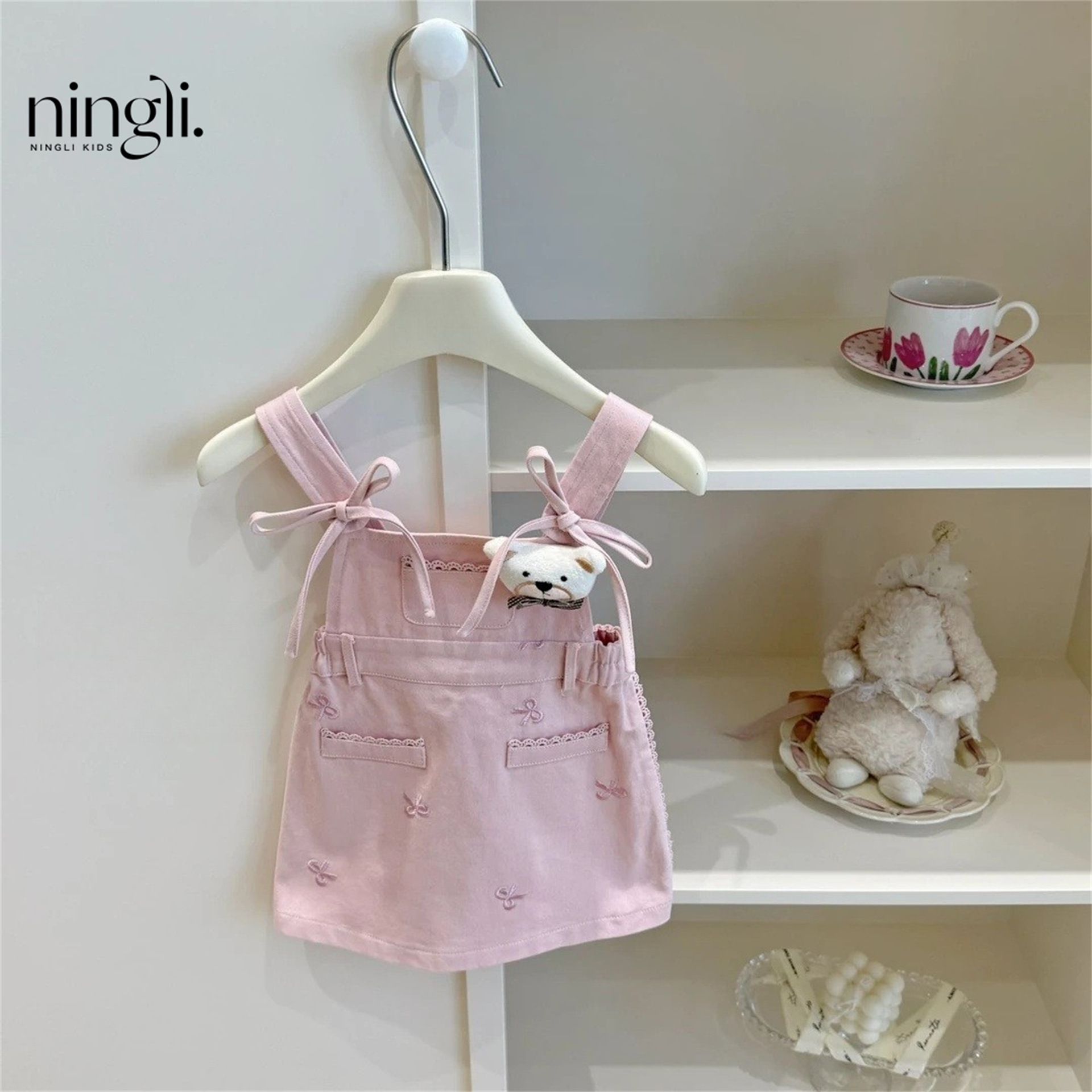 Ningli's new summer cherry blossom pink! The sweet and cool white and pink bow overalls T-shirt set for the baby girl is trendy Specification image