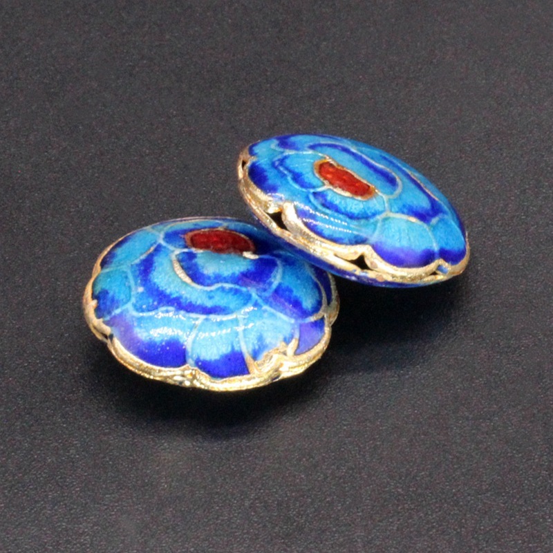Traditional high-temperature enamel mechanism silver-blue ancient-style jewelry accessory, back cloud partition bead cloisonne 19mm mille-feuille flower Specification image