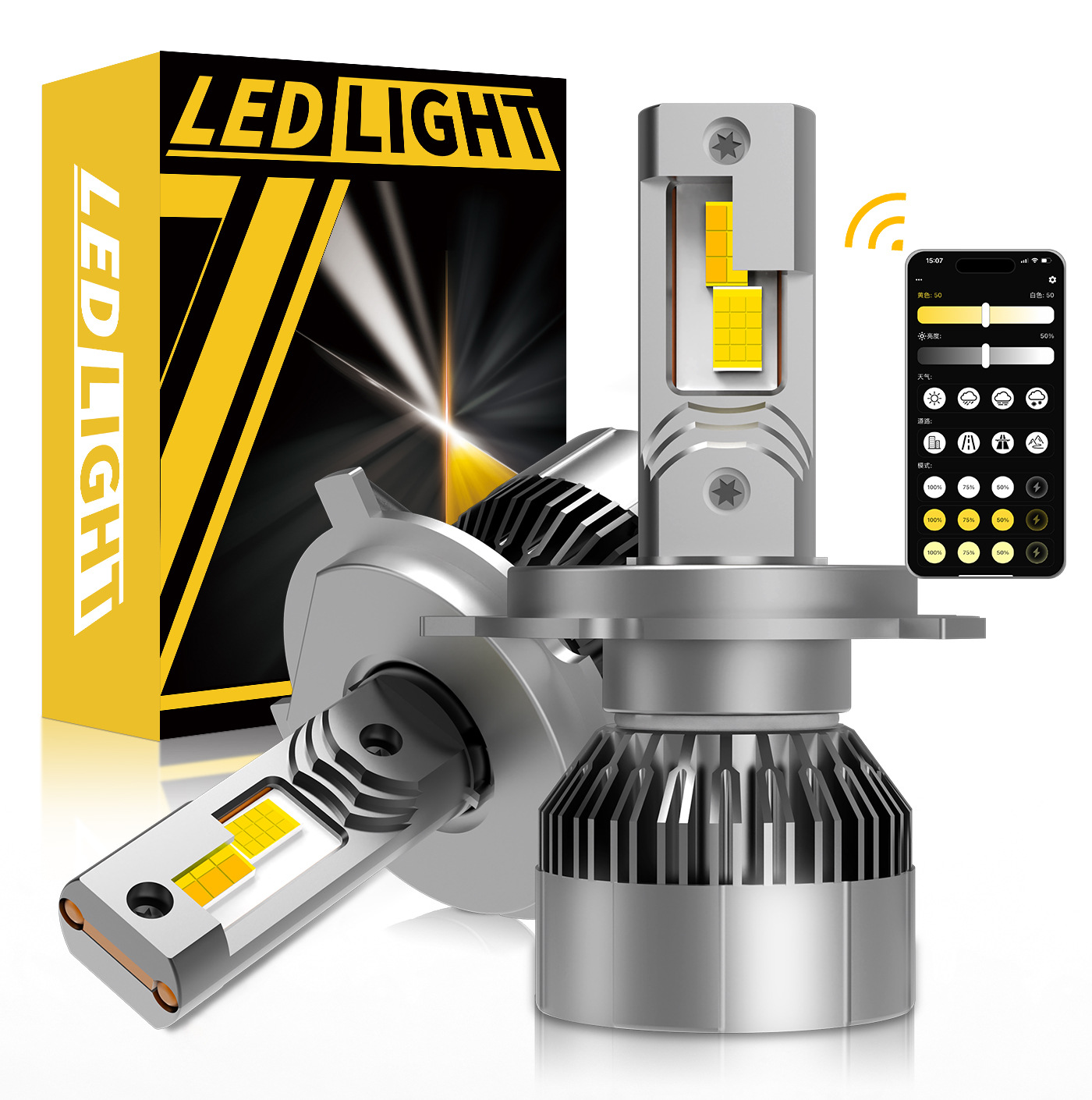 跨境新款M77手机APP调节色温汽车LED大灯双铜管高亮led车灯雾灯