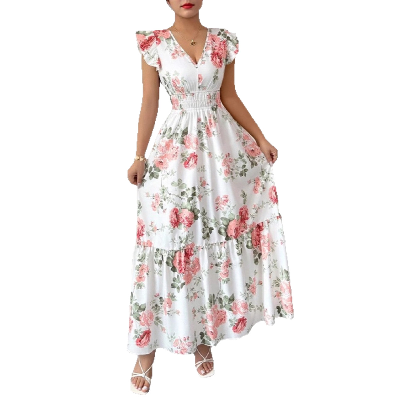 A new sleeveless Amazon European and American short-sleeved women's dress with fashionable and elegant style, featuring foreign trade printed lotus leaf sleeves Application Scenario