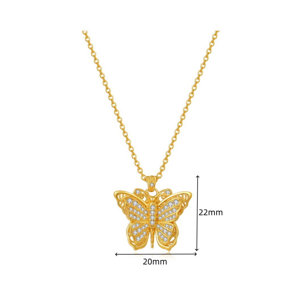 s925纯银古法锆石蝴蝶满钻毛衣链复古轻奢双层立体吊坠女银项链白底实物图